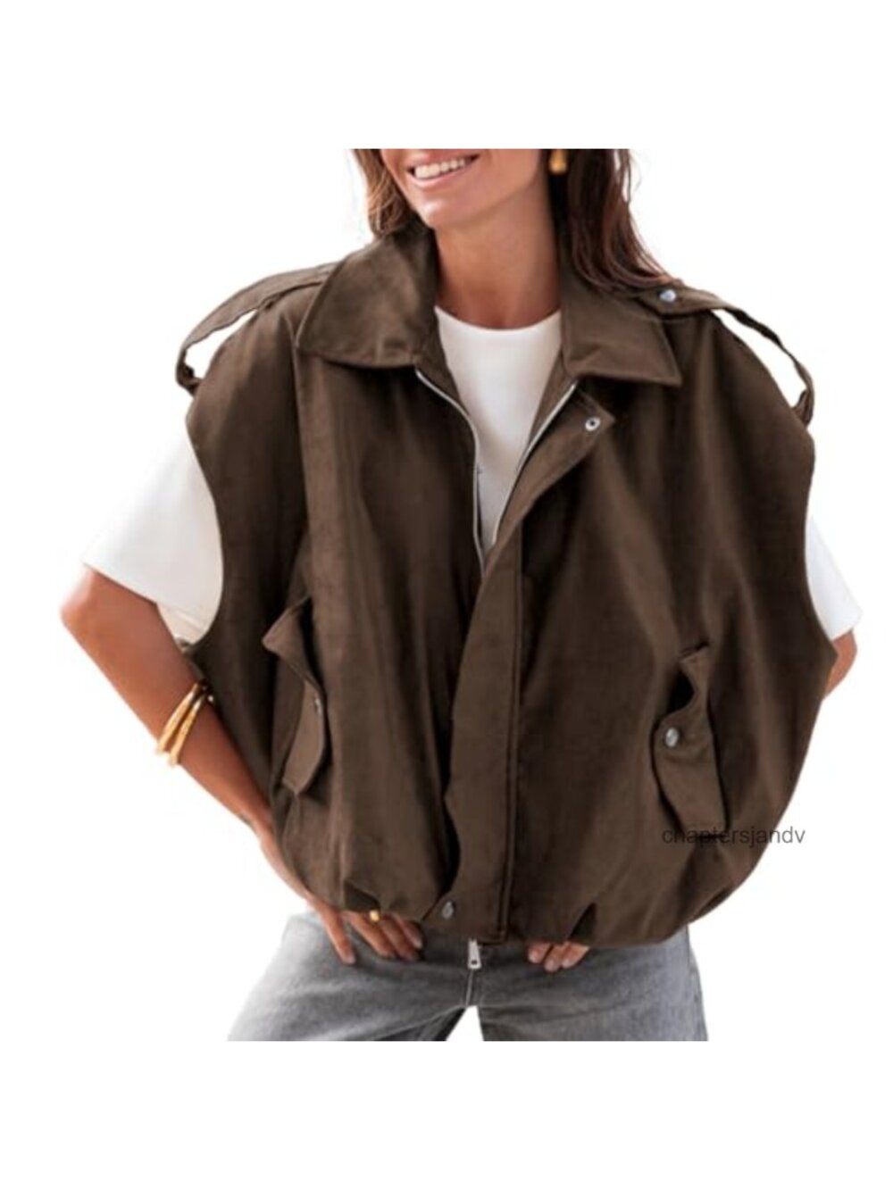 Faux Suede Vest Oversized Cap Sleeve Bomber Jacket Casual Lapel Collar